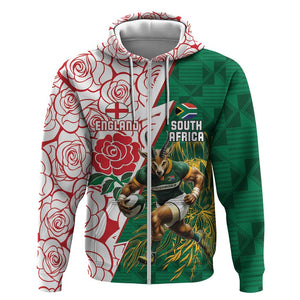 Personalized South Africa Combine England Rugby Zip Hoodie Springboks and Red Rose