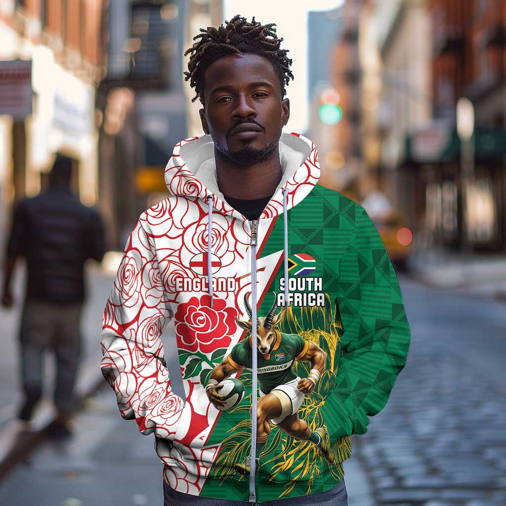 Personalized South Africa Combine England Rugby Zip Hoodie Springboks and Red Rose