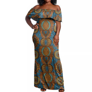 Tribal Earth African Ankara Pattern Off Shoulder Maxi Dress