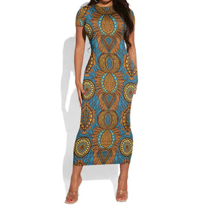 Tribal Earth African Ankara Pattern Short Sleeve Bodycon Dress