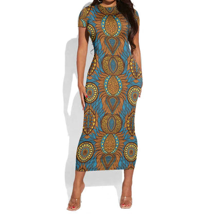 Tribal Earth African Ankara Pattern Short Sleeve Bodycon Dress