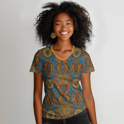Tribal Earth African Ankara Pattern Women V-Neck T-Shirt