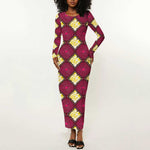 Ruby Gold African Ankara Pattern Long Sleeve Bodycon Dress