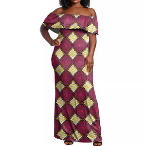 Ruby Gold African Ankara Pattern Off Shoulder Maxi Dress