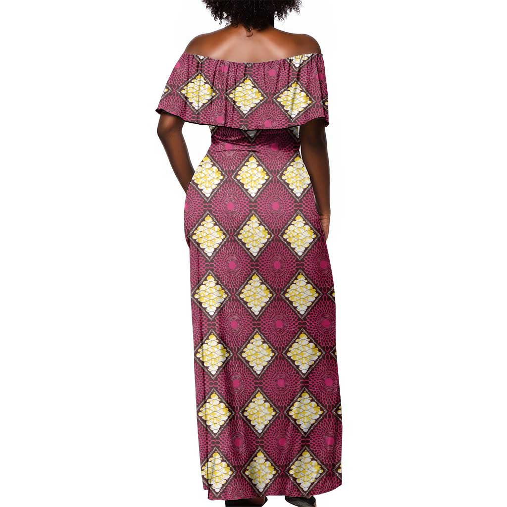 Ruby Gold African Ankara Pattern Off Shoulder Maxi Dress