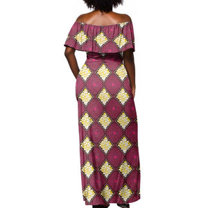 Ruby Gold African Ankara Pattern Off Shoulder Maxi Dress