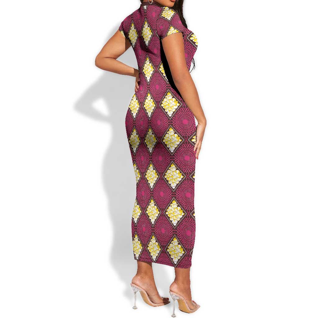 Ruby Gold African Ankara Pattern Short Sleeve Bodycon Dress