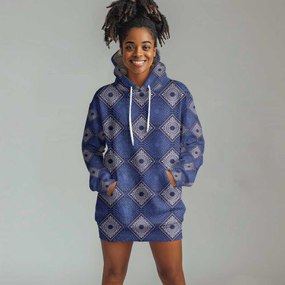 Indigo Diamond African Ankara Pattern Hoodie Dress