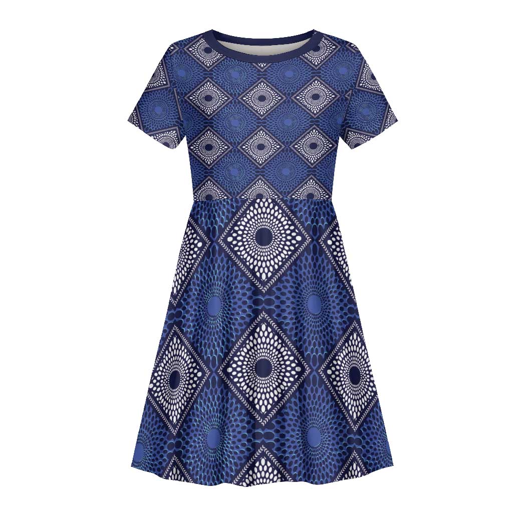 Indigo Diamond African Ankara Pattern Kid Short Sleeve Dress