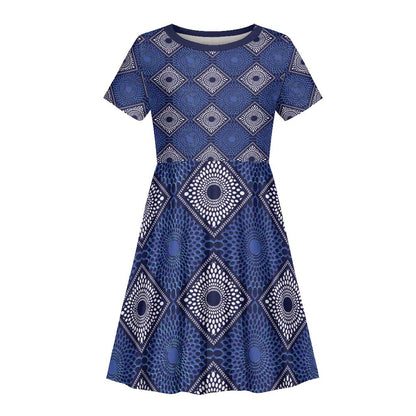 Indigo Diamond African Ankara Pattern Kid Short Sleeve Dress