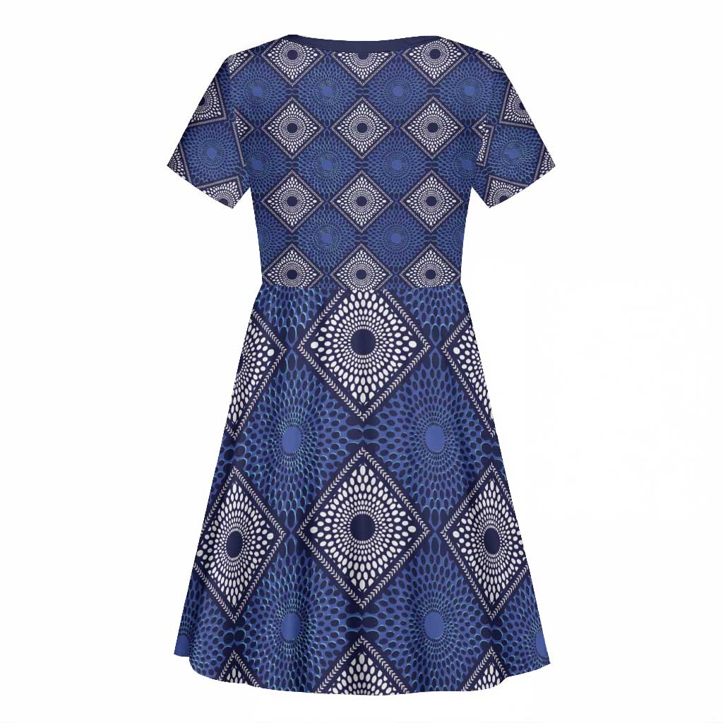 Indigo Diamond African Ankara Pattern Kid Short Sleeve Dress