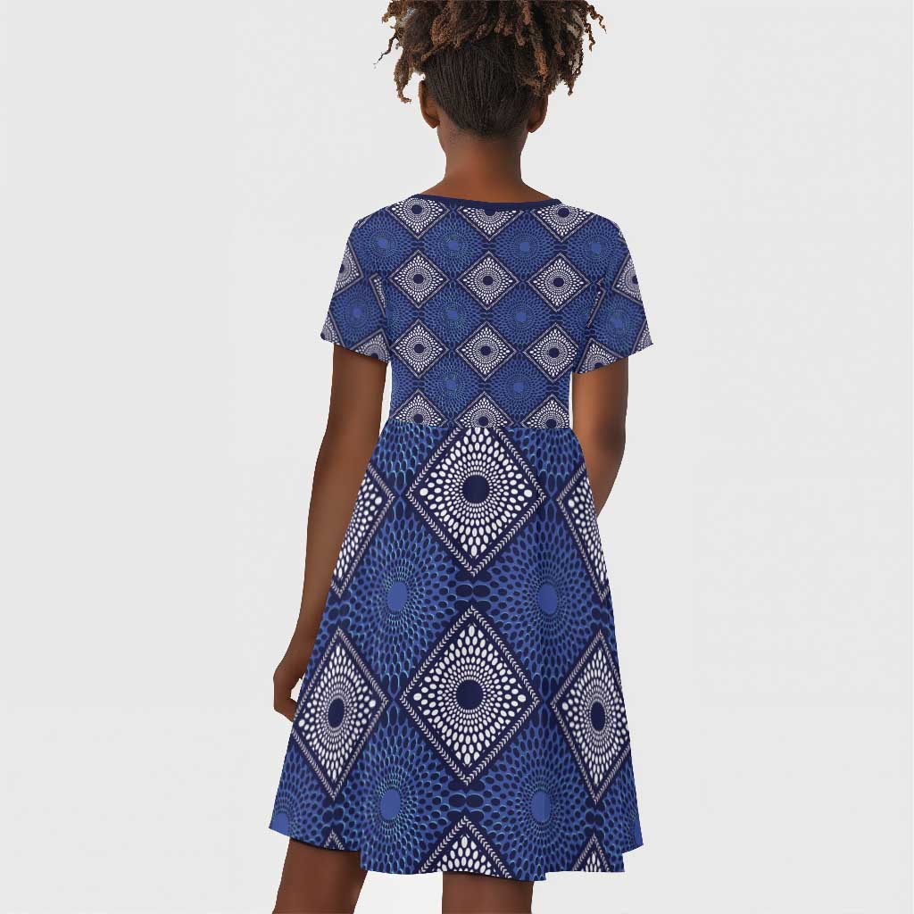 Indigo Diamond African Ankara Pattern Kid Short Sleeve Dress