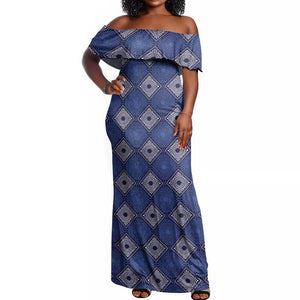 Indigo Diamond African Ankara Pattern Off Shoulder Maxi Dress
