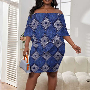 Indigo Diamond African Ankara Pattern Off Shoulder Short Dress