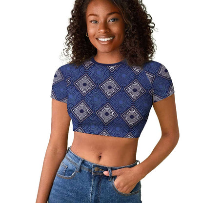 Indigo Diamond African Ankara Pattern Raglan Cropped T shirt