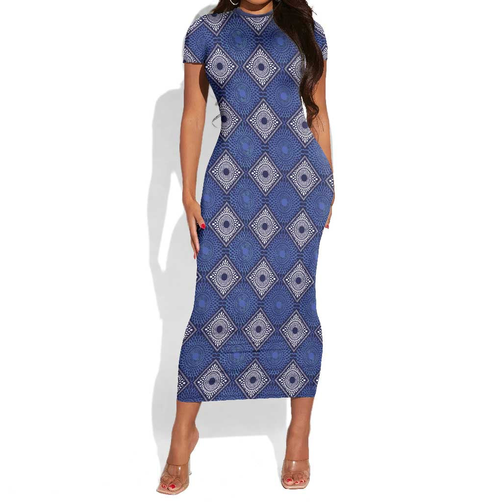 Indigo Diamond African Ankara Pattern Short Sleeve Bodycon Dress