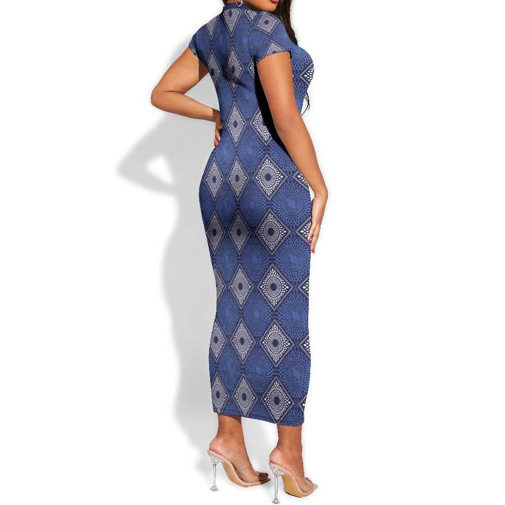 Indigo Diamond African Ankara Pattern Short Sleeve Bodycon Dress