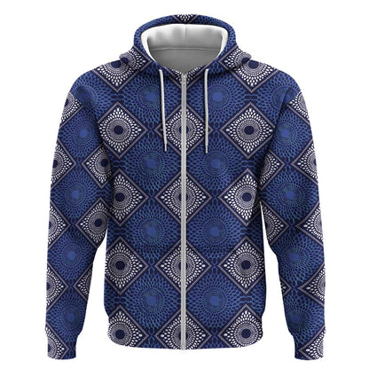 Indigo Diamond African Ankara Pattern Zip Hoodie