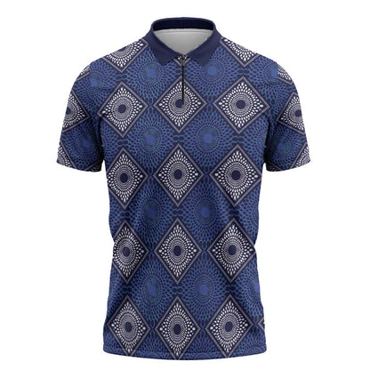 Indigo Diamond African Ankara Pattern Zipper Polo Shirt