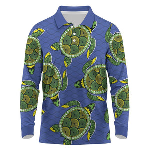 Emerald Turtle African Ankara Pattern Long Sleeve Polo Shirt