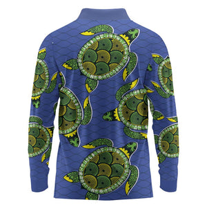 Emerald Turtle African Ankara Pattern Long Sleeve Polo Shirt