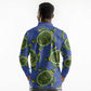 Emerald Turtle African Ankara Pattern Long Sleeve Polo Shirt