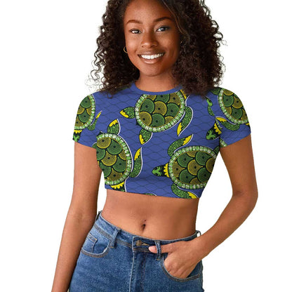 Emerald Turtle African Ankara Pattern Raglan Cropped T shirt