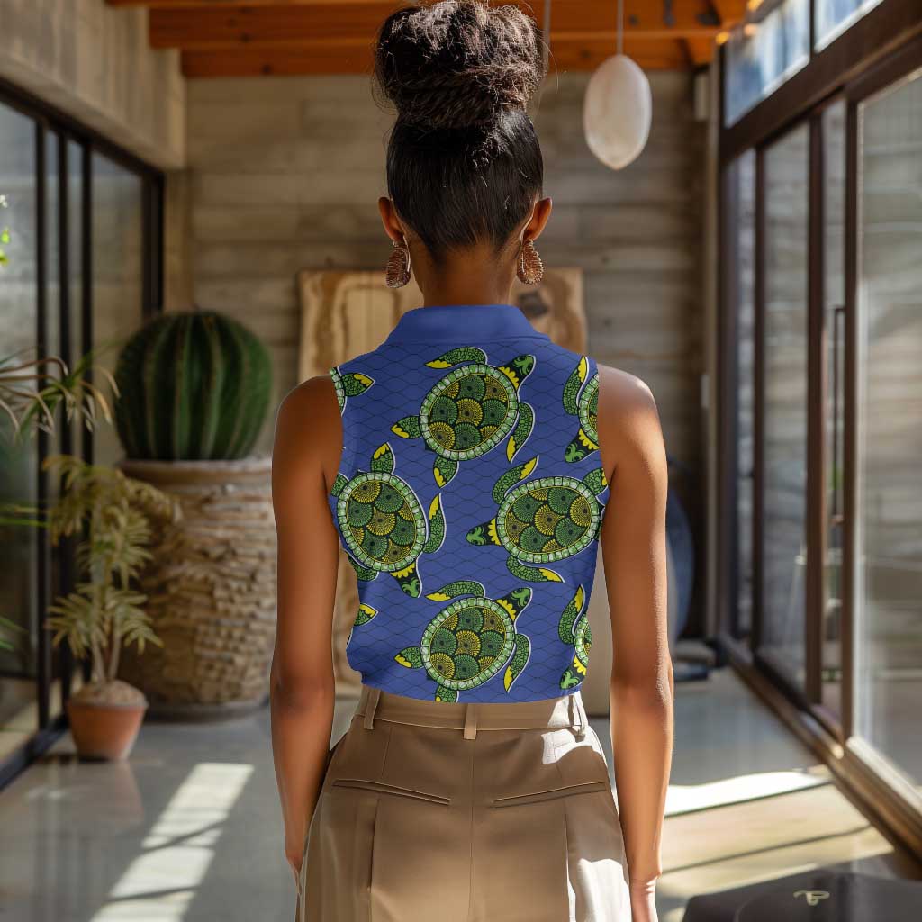 Emerald Turtle African Ankara Pattern Women Sleeveless Polo Shirt