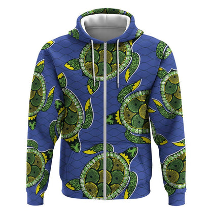 Emerald Turtle African Ankara Pattern Zip Hoodie