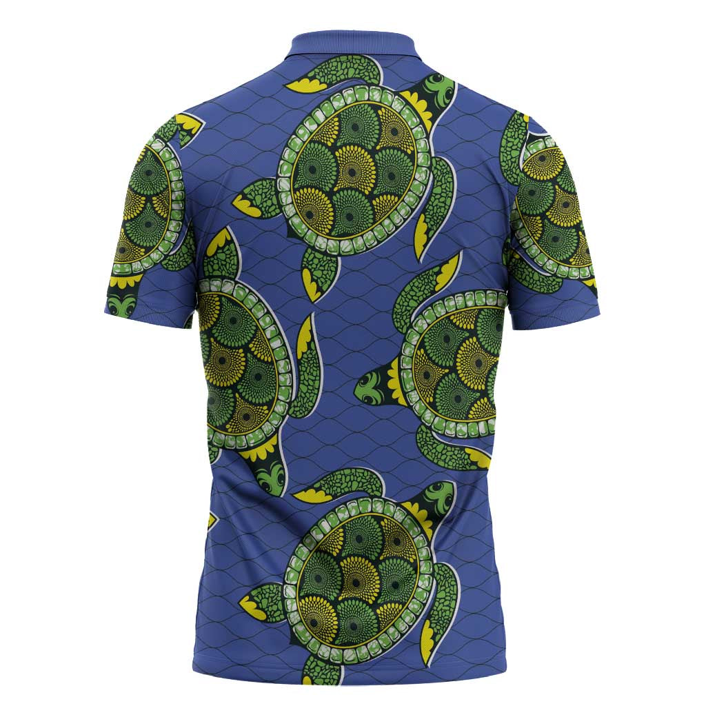 Emerald Turtle African Ankara Pattern Zipper Polo Shirt