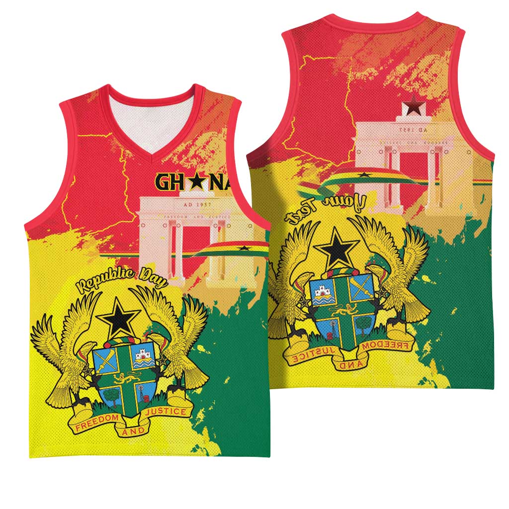 Personalized Ghana Republic Day Basketball Jersey Black Star Square - Grunge Style - African Pride