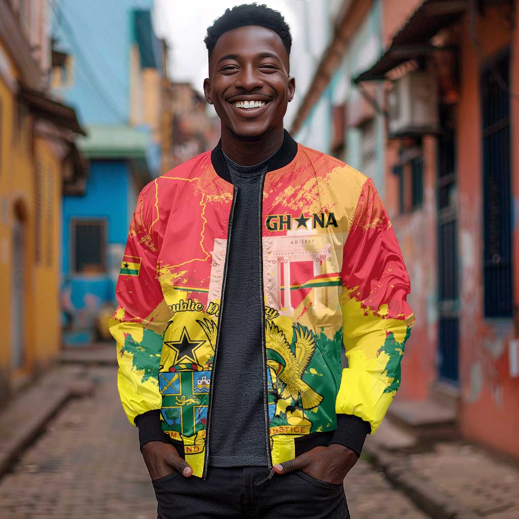 Personalized Ghana Republic Day Bomber Jacket Black Star Square - Grunge Style