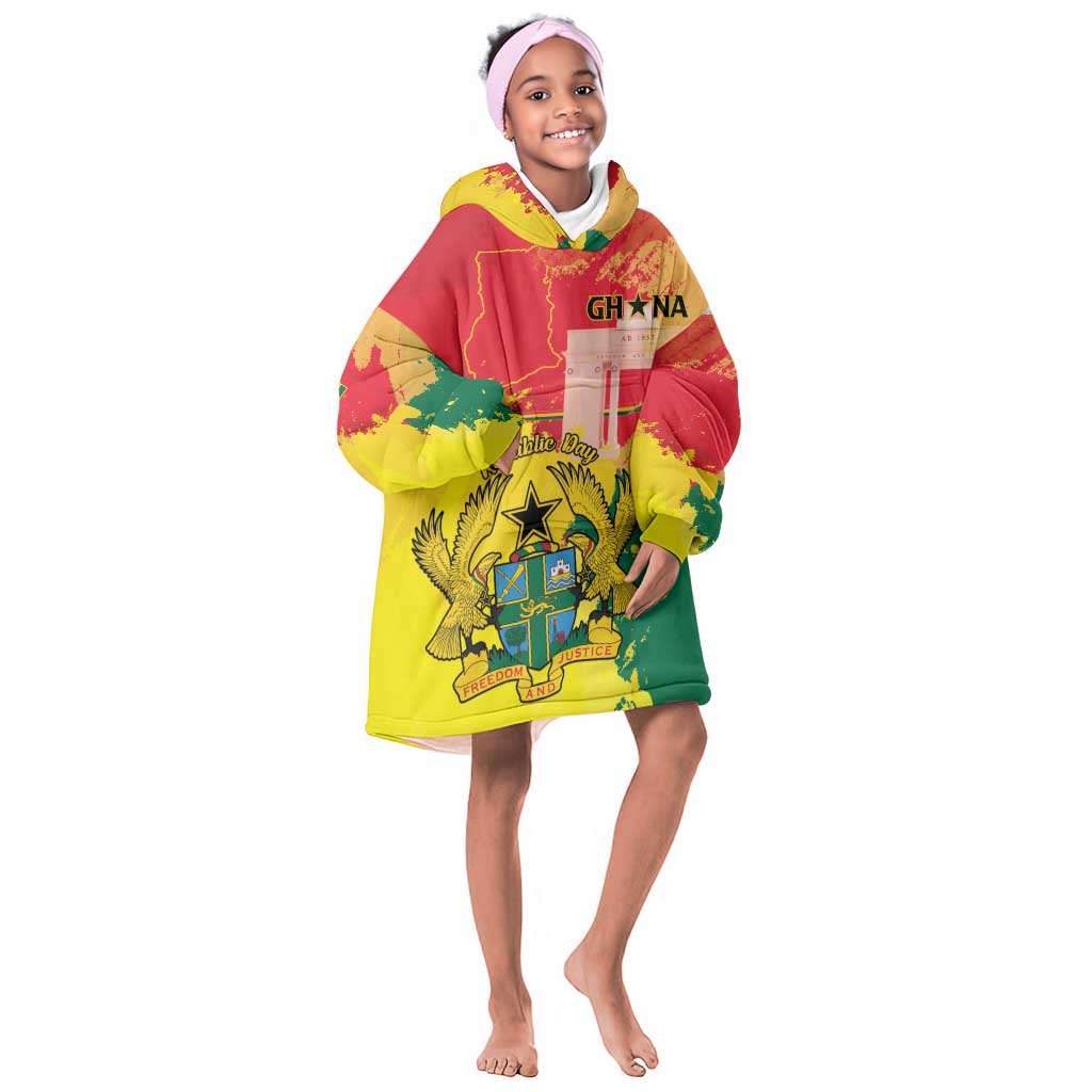 Personalized Ghana Republic Day Kid Wearable Blanket Hoodie Black Star Square - Grunge Style