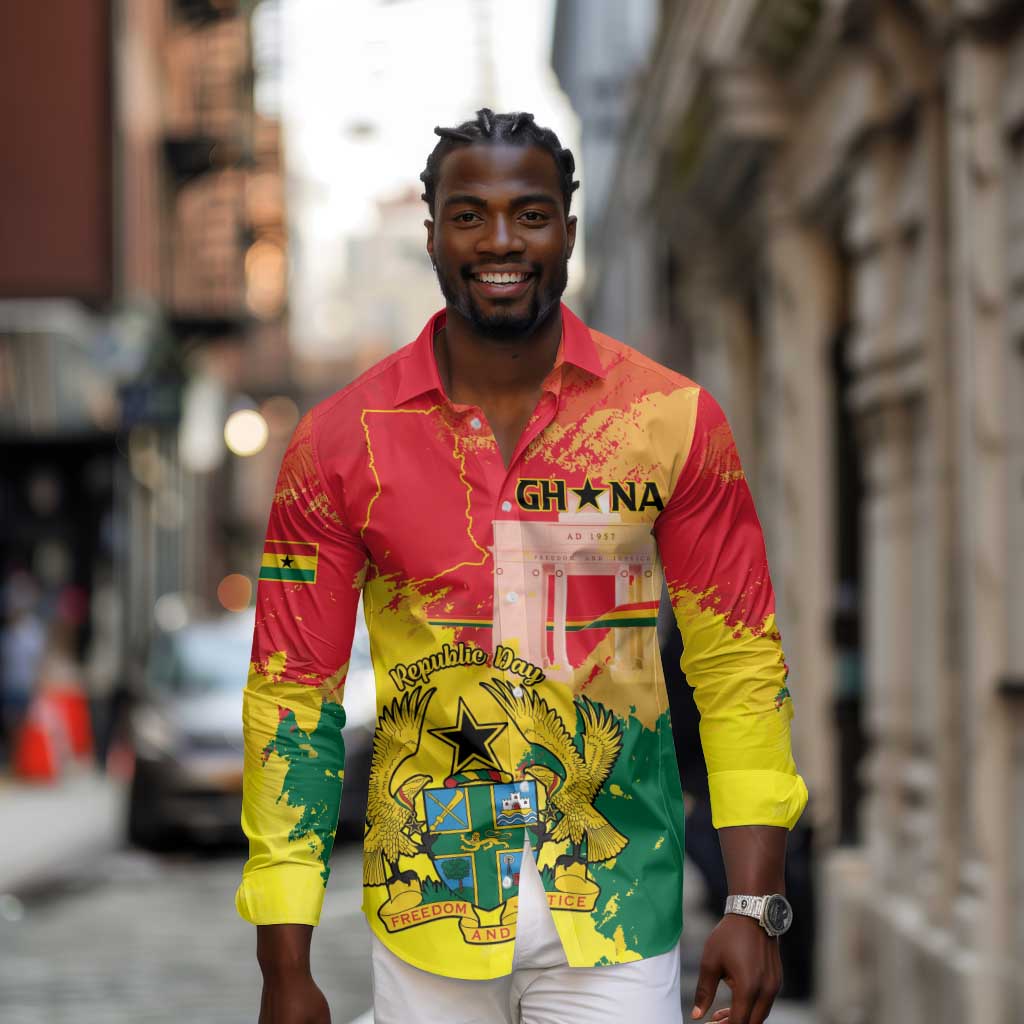 Personalized Ghana Republic Day Long Sleeve Button Shirt Black Star Square - Grunge Style
