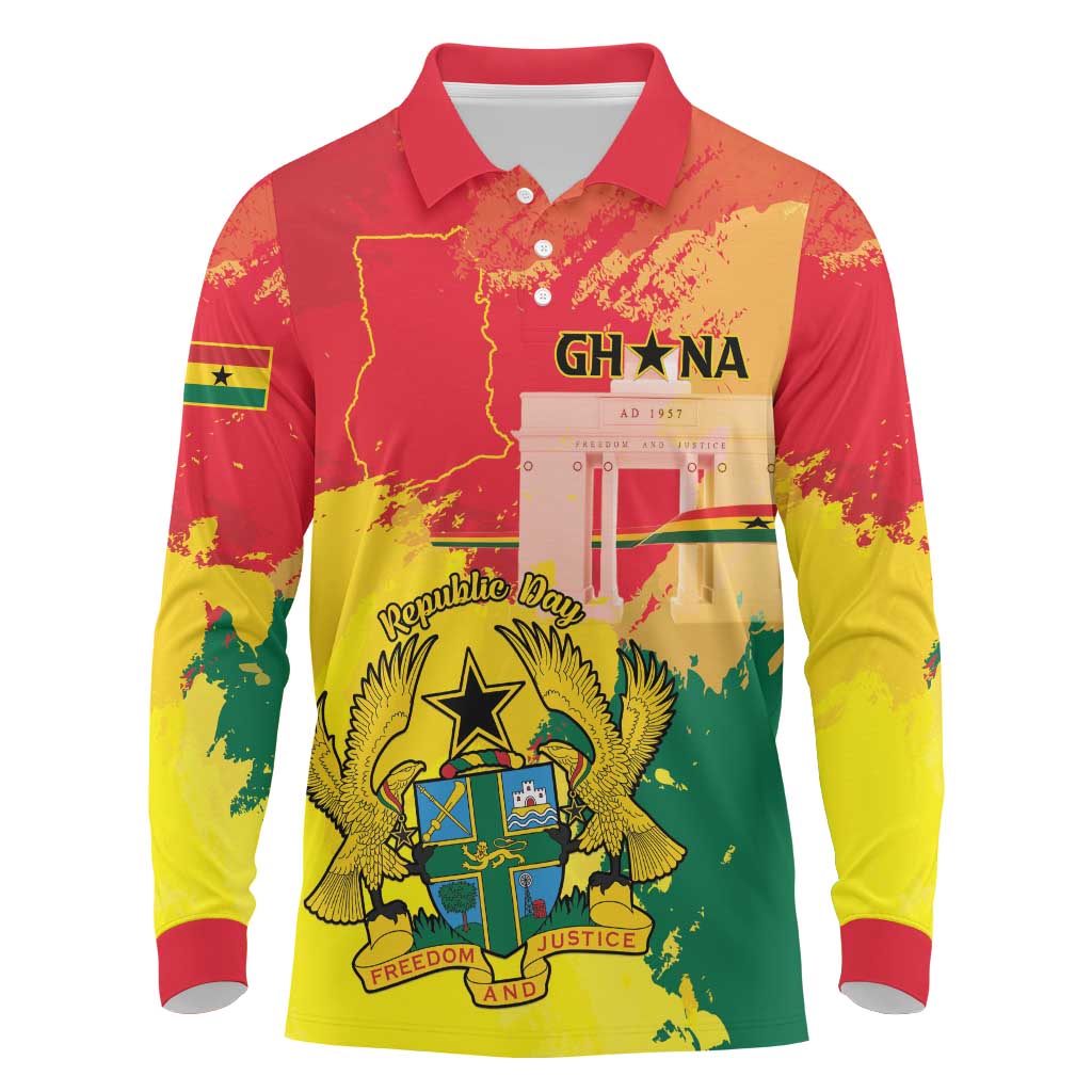 Personalized Ghana Republic Day Long Sleeve Polo Shirt Black Star Square - Grunge Style