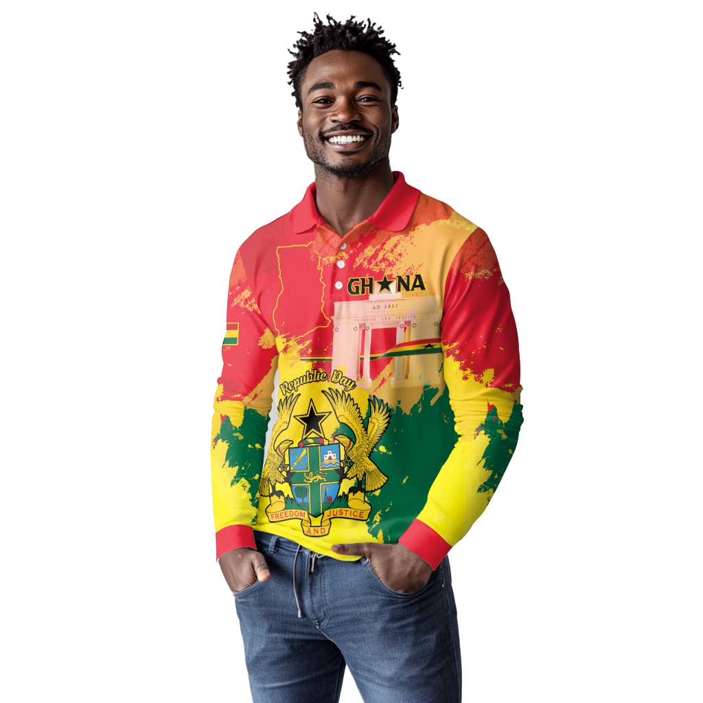 Personalized Ghana Republic Day Long Sleeve Polo Shirt Black Star Square - Grunge Style