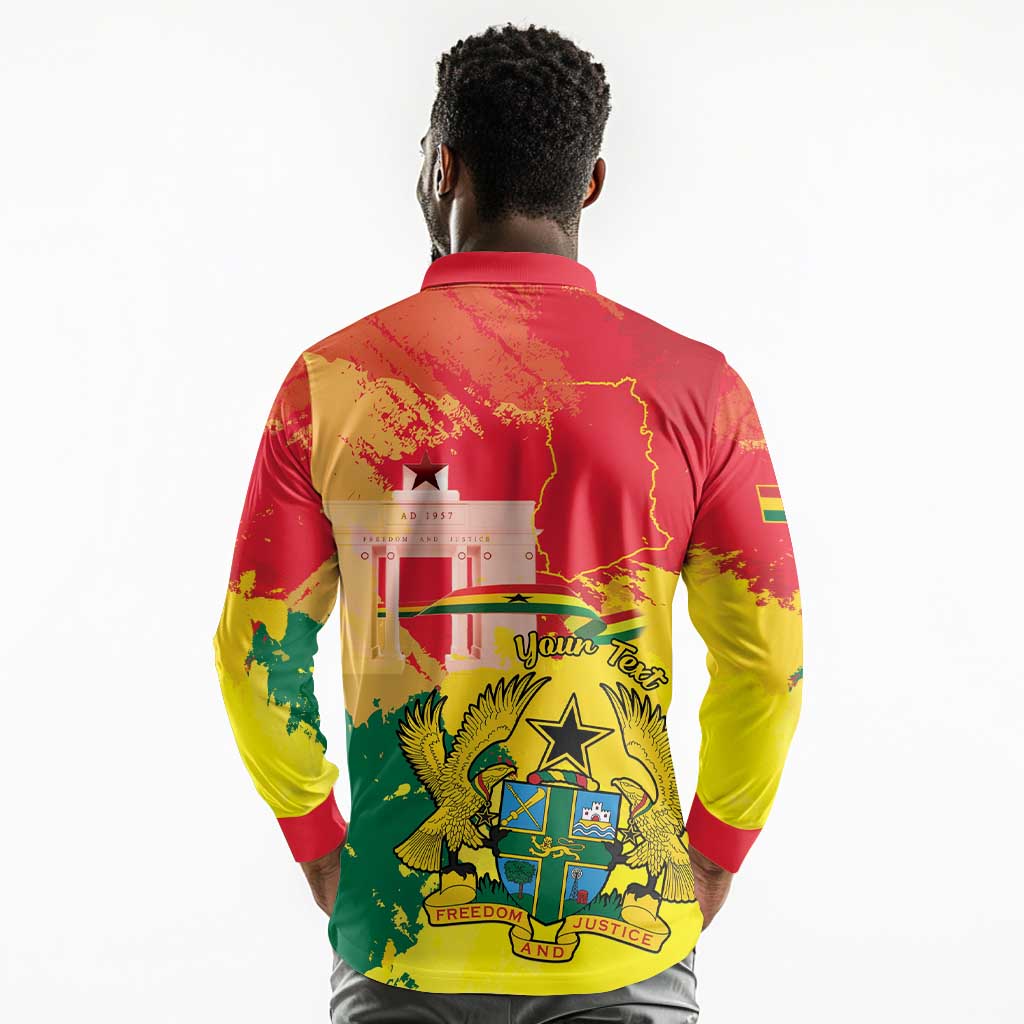 Personalized Ghana Republic Day Long Sleeve Polo Shirt Black Star Square - Grunge Style