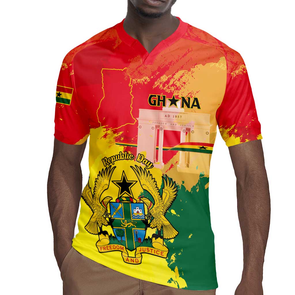 Personalized Ghana Republic Day Rugby Jersey Black Star Square - Grunge Style