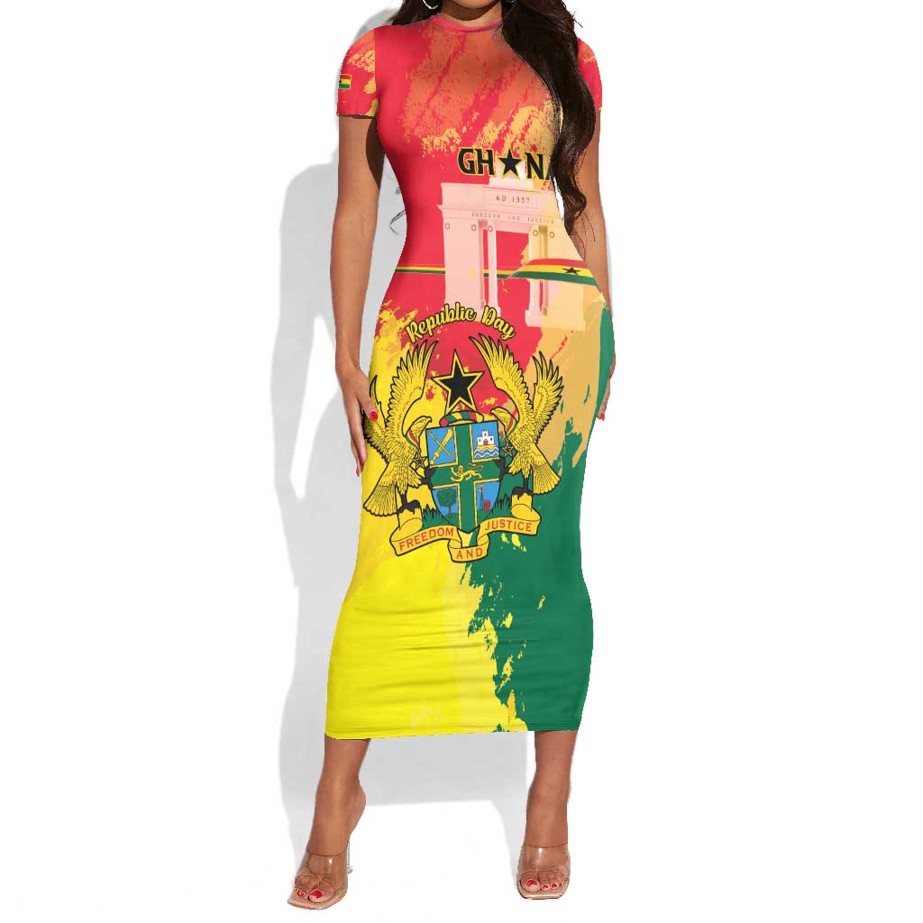 Personalized Ghana Republic Day Short Sleeve Bodycon Dress Black Star Square - Grunge Style LT15