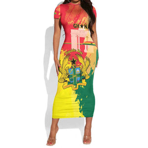 Personalized Ghana Republic Day Short Sleeve Bodycon Dress Black Star Square - Grunge Style LT15