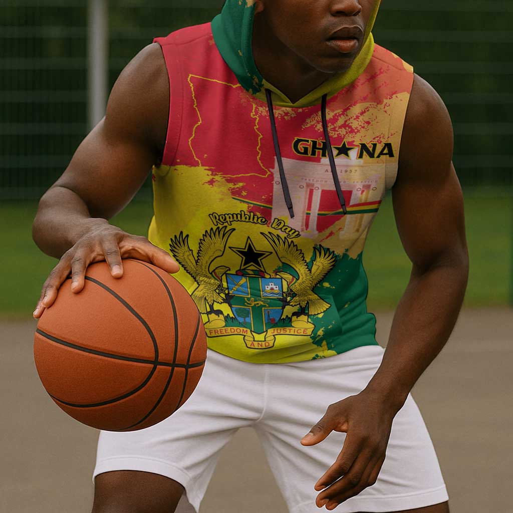 Personalized Ghana Republic Day Sleeveless Hoodie Black Star Square - Grunge Style - African Pride