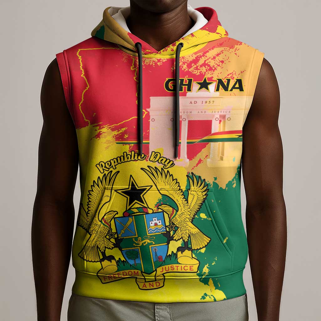 Personalized Ghana Republic Day Sleeveless Hoodie Black Star Square - Grunge Style - African Pride
