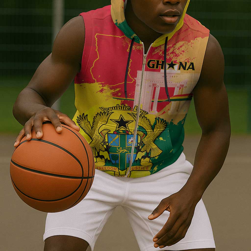 Personalized Ghana Republic Day Sleeveless Zip Hoodie Black Star Square - Grunge Style - African Pride