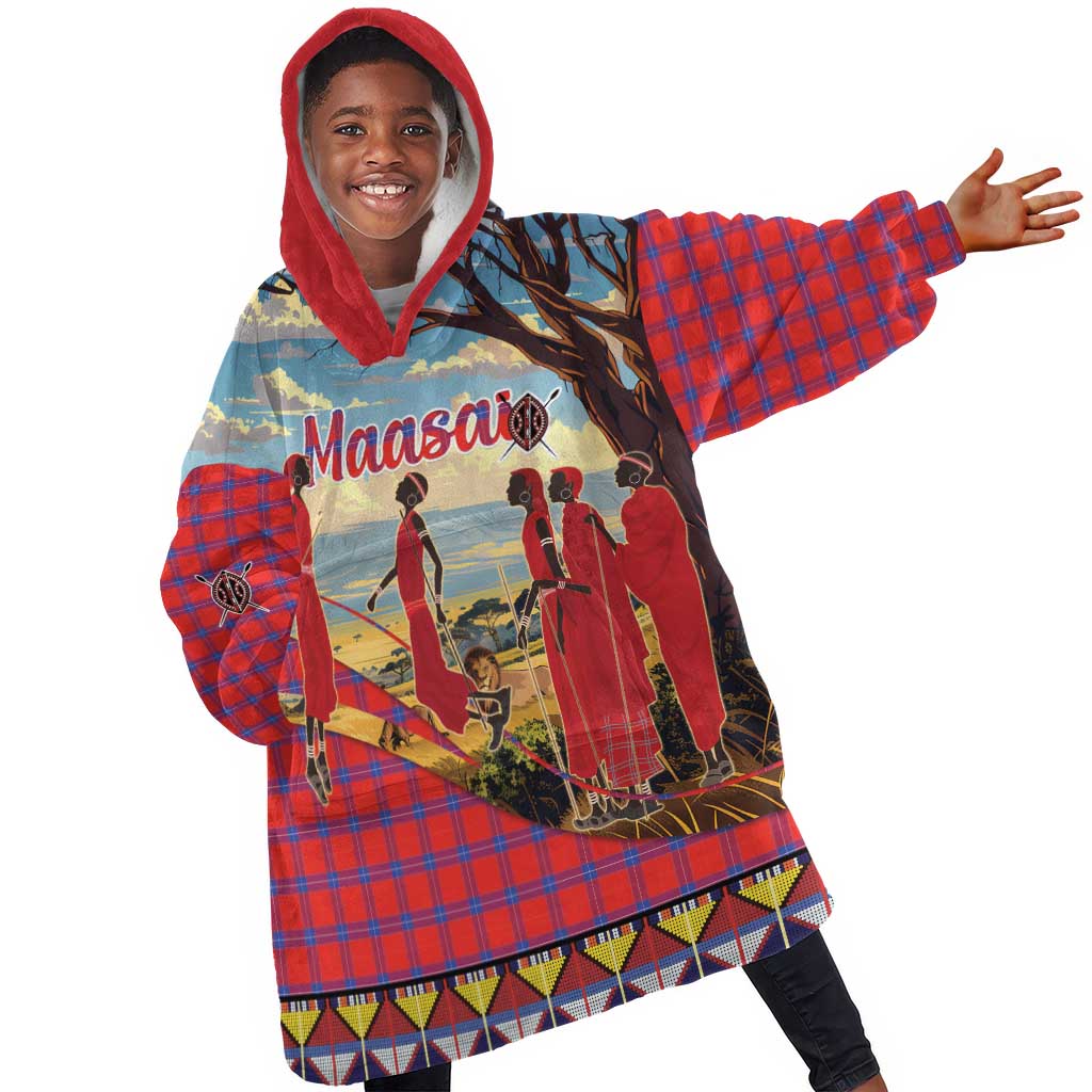 Maasai Adumu Dance Kid Wearable Blanket Hoodie Shuka Pattern - Kenya Safari