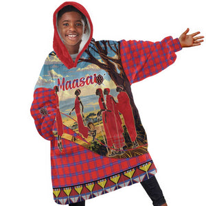 Maasai Adumu Dance Kid Wearable Blanket Hoodie Shuka Pattern - Kenya Safari