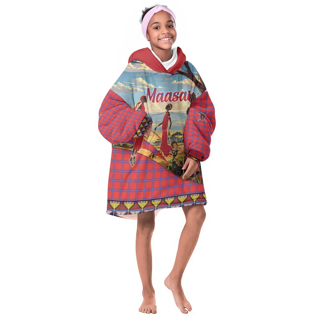 Maasai Adumu Dance Kid Wearable Blanket Hoodie Shuka Pattern - Kenya Safari