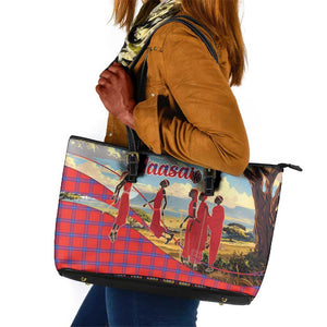 Maasai Adumu Dance Leather Tote Bag Shuka Pattern - Kenya Safari
