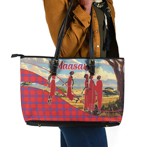 Maasai Adumu Dance Leather Tote Bag Shuka Pattern - Kenya Safari