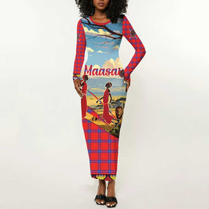Maasai Adumu Dance Long Sleeve Bodycon Dress Shuka Pattern - Kenya Safari LT15
