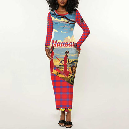 Maasai Adumu Dance Long Sleeve Bodycon Dress Shuka Pattern - Kenya Safari LT15